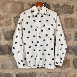 VTG Kings Road Men's White Blue Leaf Print Button Down Shirt Long Sleeve Medium